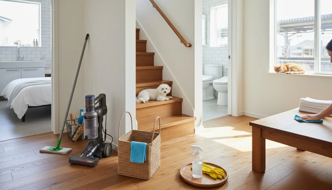 Soloplyst entré og stue under rengøring med rengøringsudstyr, trappe til 1. sal, en lille fluffy hund og en kat.