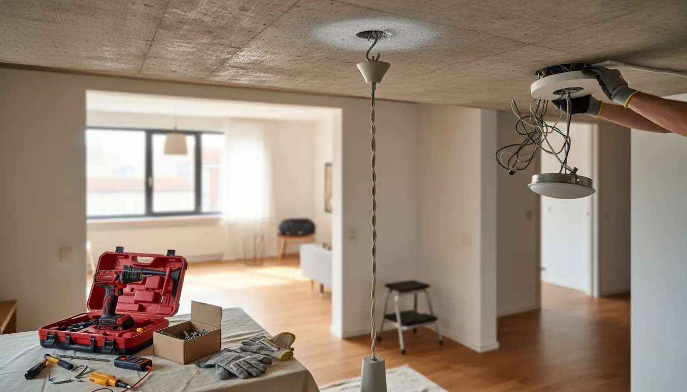 Værktøj, gloved hænder og en monteret krog i betontaget klar til ophæng af lamper i stue og gang.