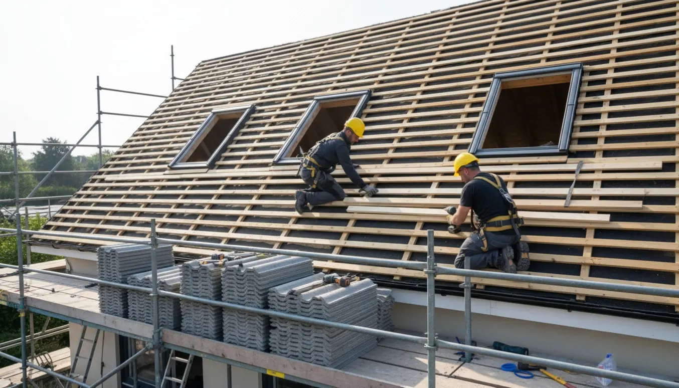 Tag under udskiftning med nye taglægter, åbninger til tagvinduer og stablede fiber-cement plader ved stillads.