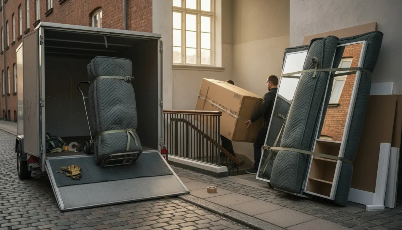 Flyttescene med arbejdere, der bærer en boksmadras og pakket IKEA PAX-skabsdele op ad en opgang uden tydelige ansigter.