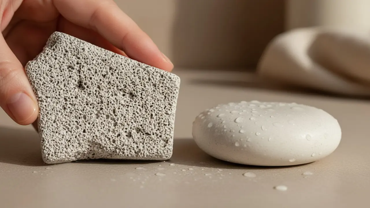 Nærbillede af en våd skuresten og pimpsten, der viser porøs overflade og tekstur.