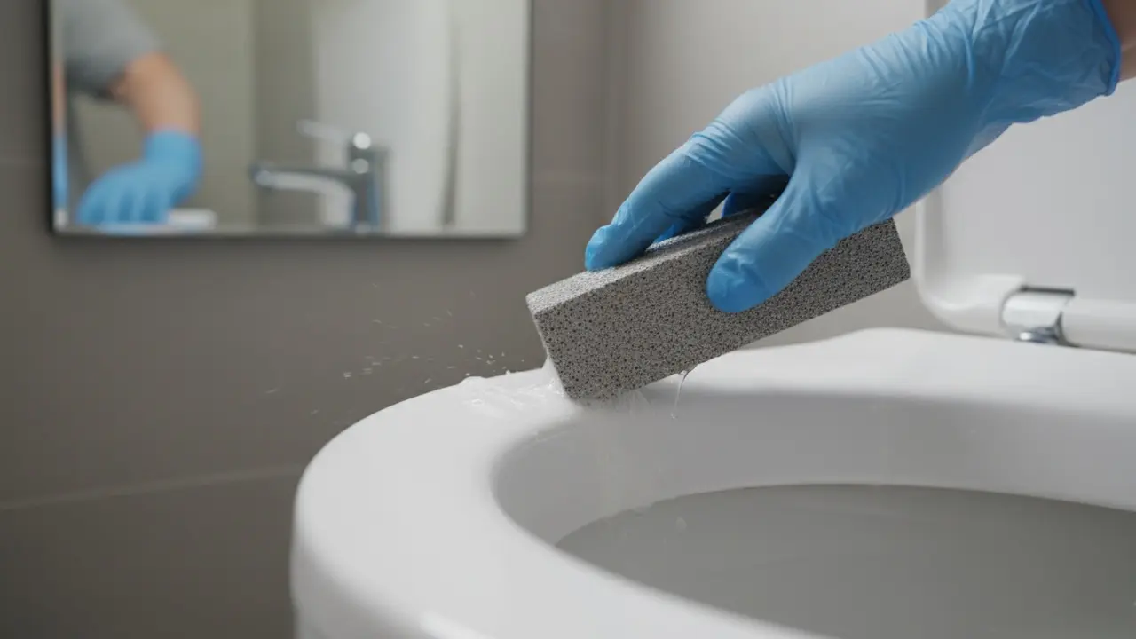 Handsken holder en våd pimpsten og skrubber toiletkummen i en blid vinkel.