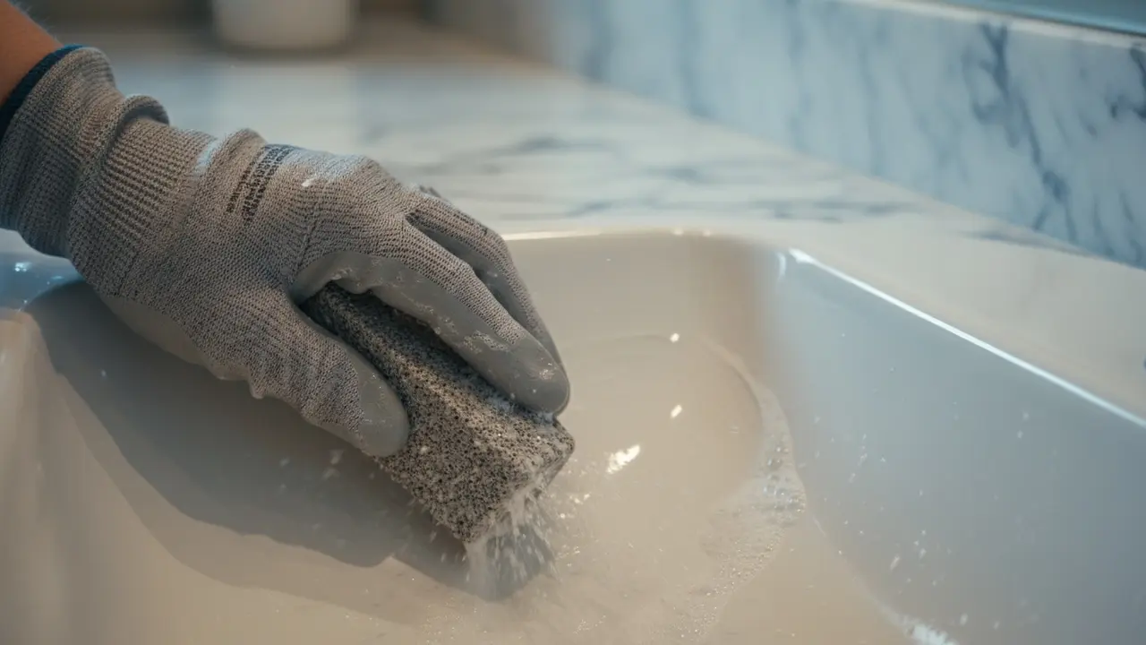 Våd skuresten holdes over porcelæn med sløret marmor i baggrunden som advarsel.