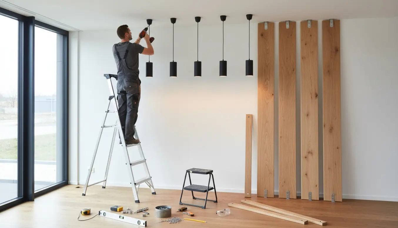 Halvt færdig installation af pendellamper og fire trælameller i en moderne stue med værktøj på gulvet.