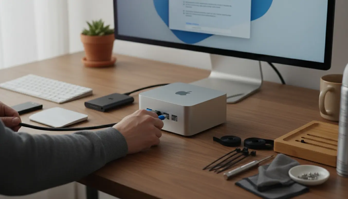 Opsætning og oprydning af en Mac mini på et ryddeligt skrivebord med kabler, ekstern SSD og hænder i fokus.