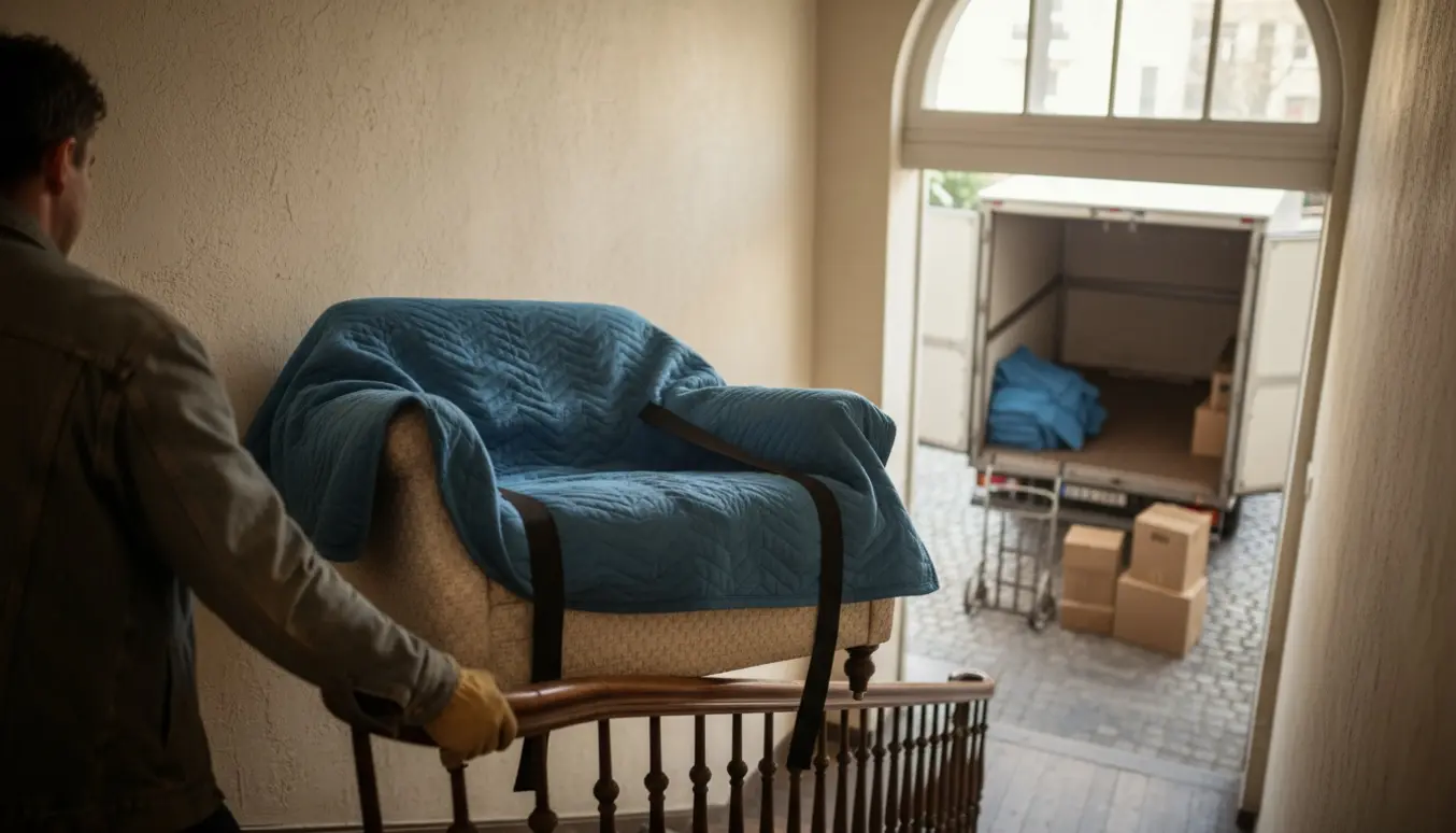 En bred lænestol bæres ned ad en smal trappe mod en ventende flyttebil, uden at ansigter er synlige.