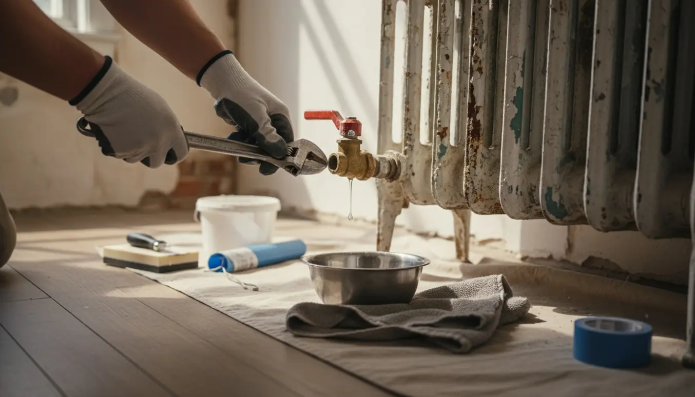 Afmontering af en ældre radiator med værktøj og spand til opsamling af vand i et rum klar til spartling.