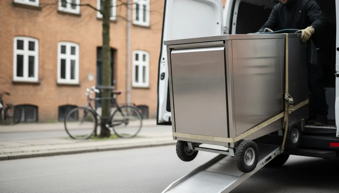 To flyttemænd læsser et rustfrit kølebord ind i en varevogn på en københavnsk gade med tralle og stropper.