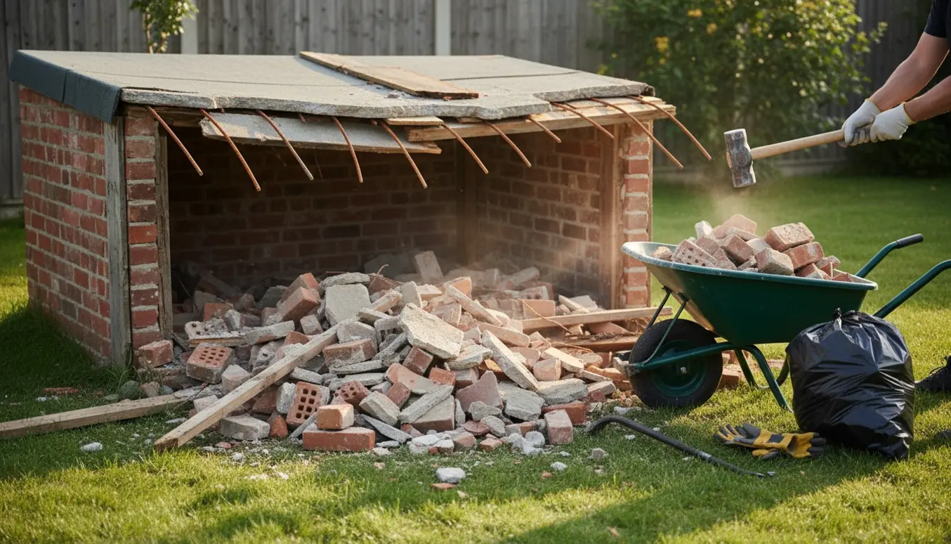 Delvist nedrevet skur i baghaven med mursten, træ og knust beton samt værktøj og murbrokker i forgrunden.