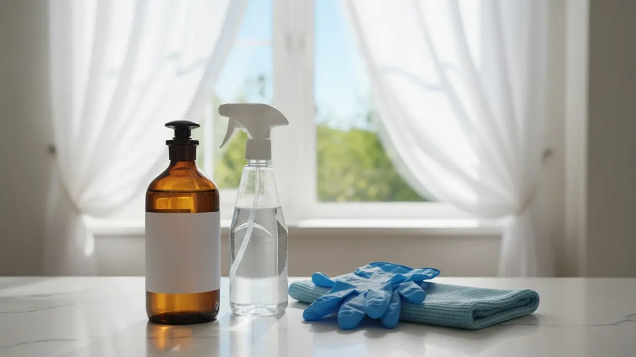 Flaske salmiakspiritus, sprayflaske, handsker og klud ved et åbent vindue