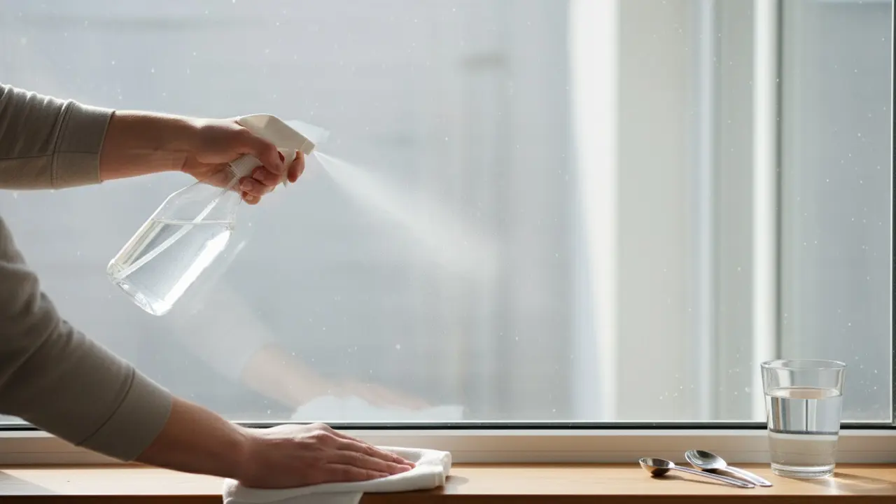 Hænder rengør et vindue med sprayflaske og fnugfri klud, vinduet er stribefrit