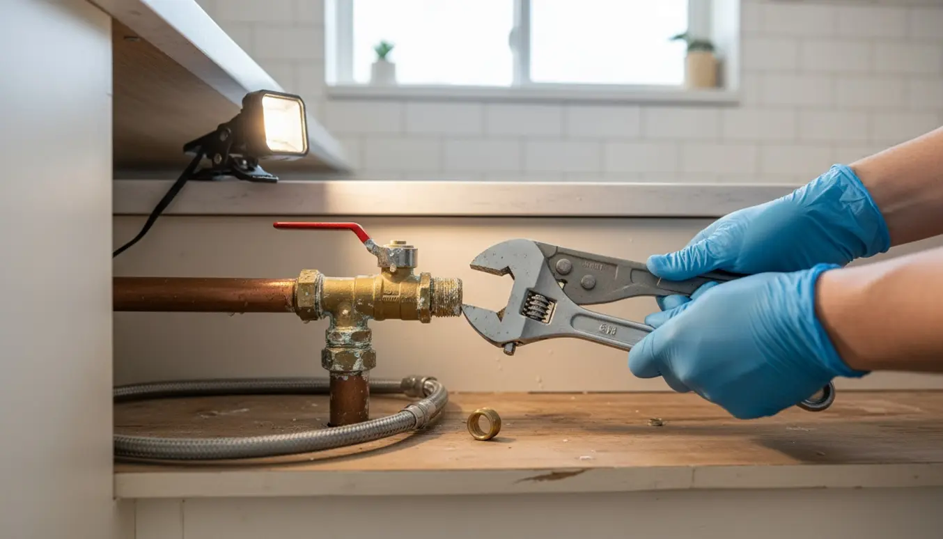 Åbent vaskeskab hvor gloved hænder forsøger at løsne en fastsiddende Ballofix-ventil under vasken.