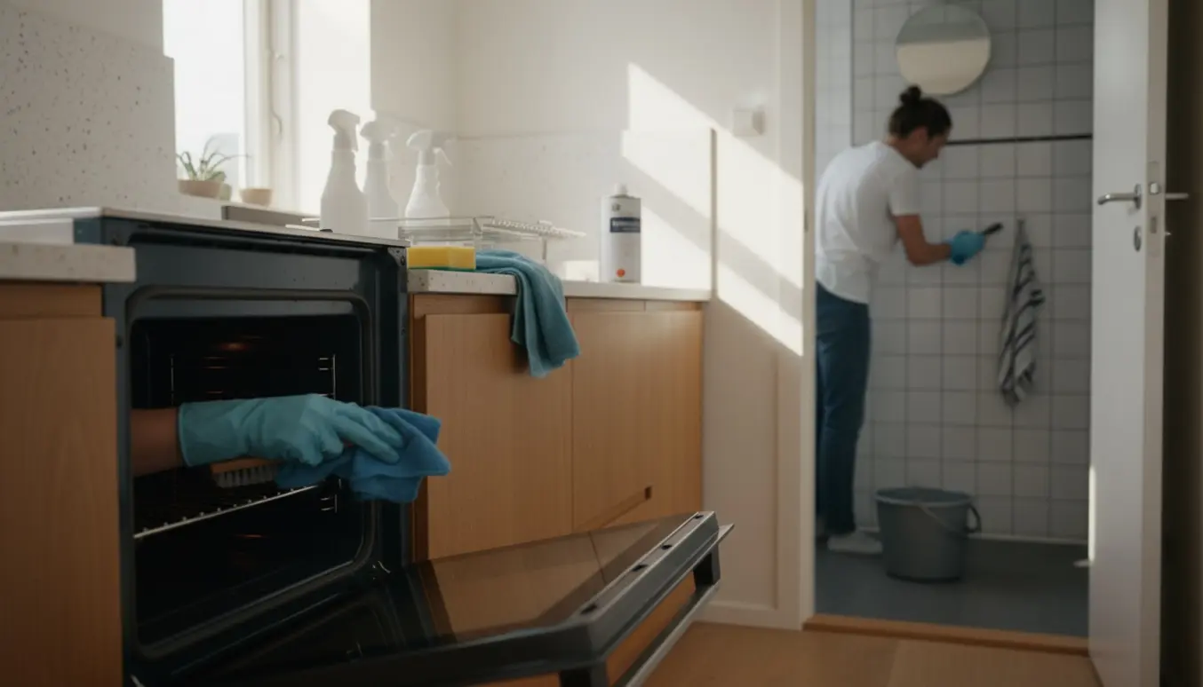 En rengøringsperson tørrer ovnen af i et køkken, med rengøringsmidler i forgrunden og et lille badeværelse i baggrunden.