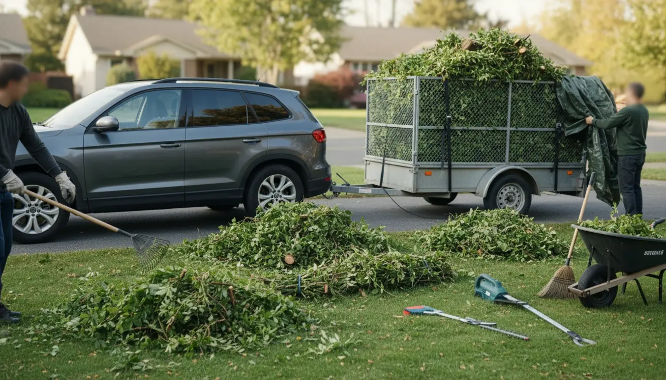 Trailer tilkoblet bil fyldt med friske hækafklip på indkørsel, med handsker og værktøj klar til læsning.
