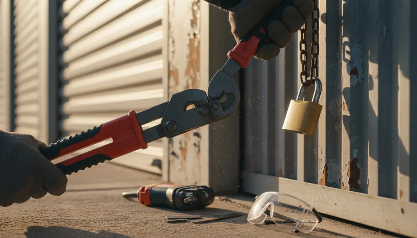 Nærbillede af en kraftig boldsaks, der klipper en hængelås på et depotrum med handsker og multicutter ved siden af.