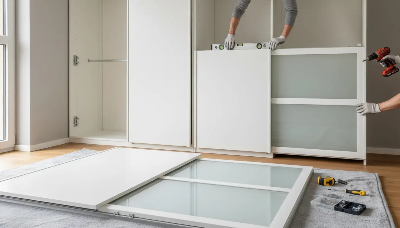 To personer monterer og justerer fire garderobeskabe og sætter skydelåger på med værktøj og klodser.