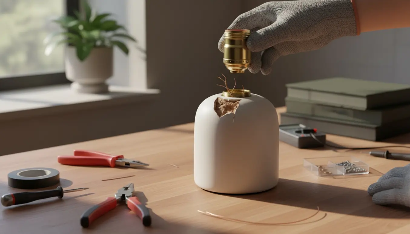 Flowepot bordlampe på værkstedsbord med knækket fatning og hænder, der holder en ny fatning.