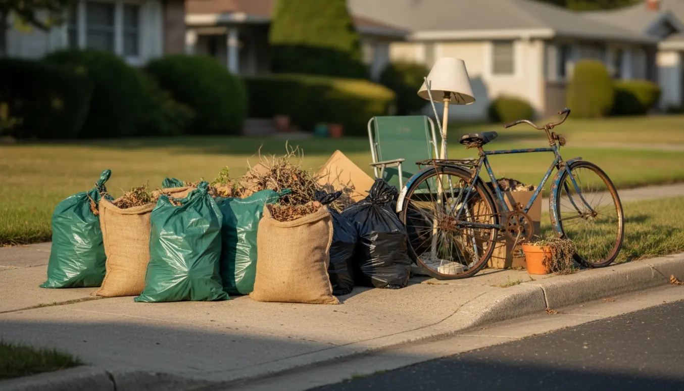 Sække med haveaffald, to sorte sække, en gammel cykel og småting stillet ved fortovskanten klar til afhentning.