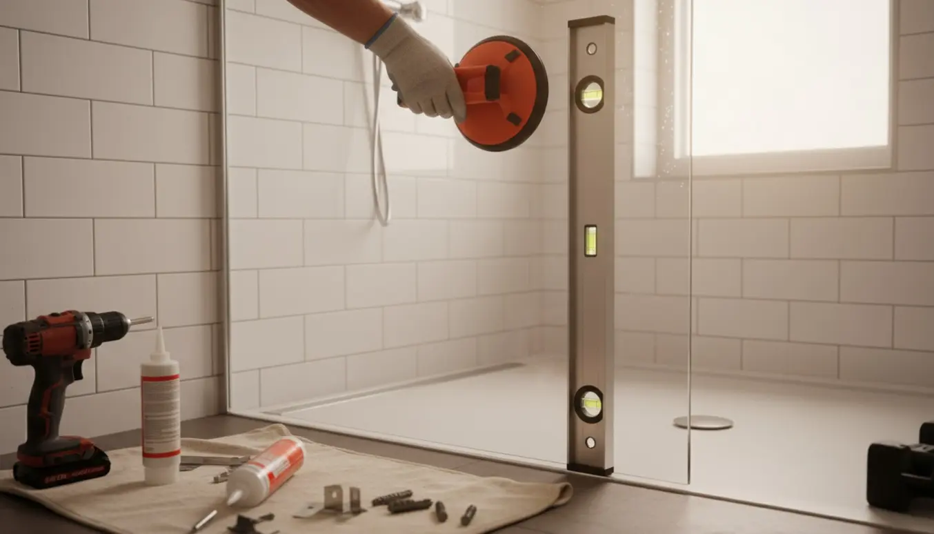 Glasbrusevæg på 90 cm monteres i et eksisterende badeværelse med værktøj og materialer.