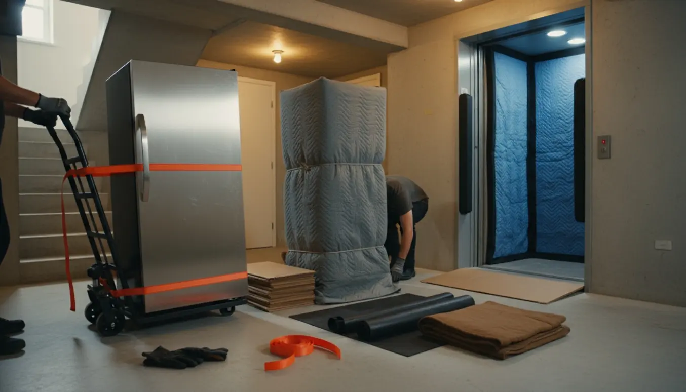 To cirka 2 meter høje vin-køleskabe på en håndtruck foran en polstret elevator i en kælder.