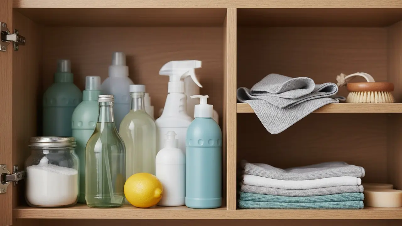 Åben skabshylde med ubrugte rengøringsflasker, natron i glas og mikrofiberklude.