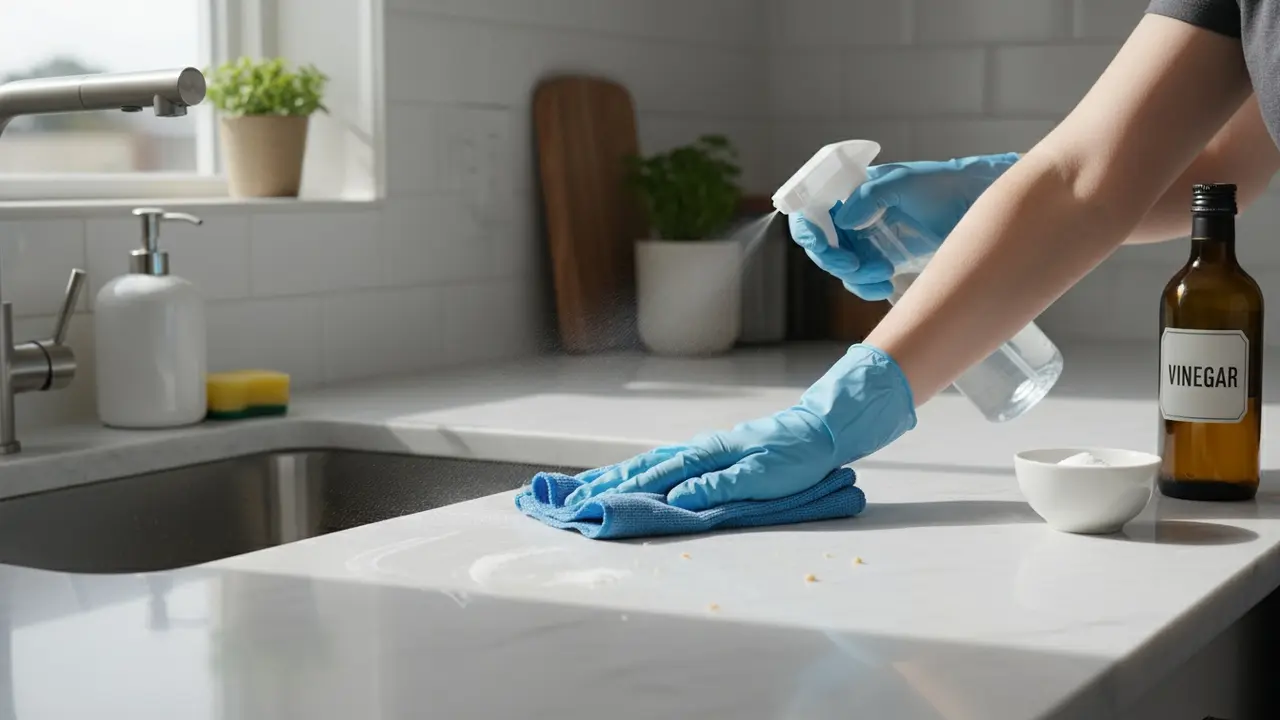 Hænder med sprayflaske og mikrofiberklud rengør køkkenbord ved siden af opvaskemiddel og natron.