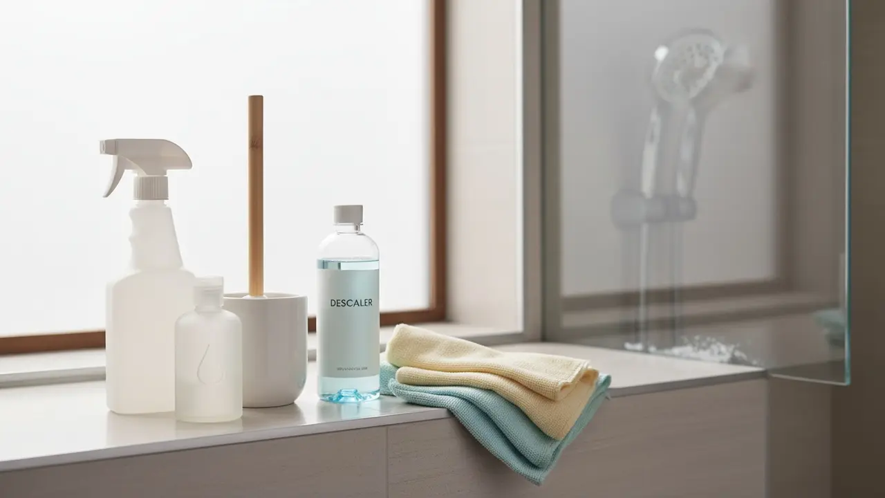 Rengøringsmidler og redskaber på flisehylde foran bruser med let kalkaflejring.