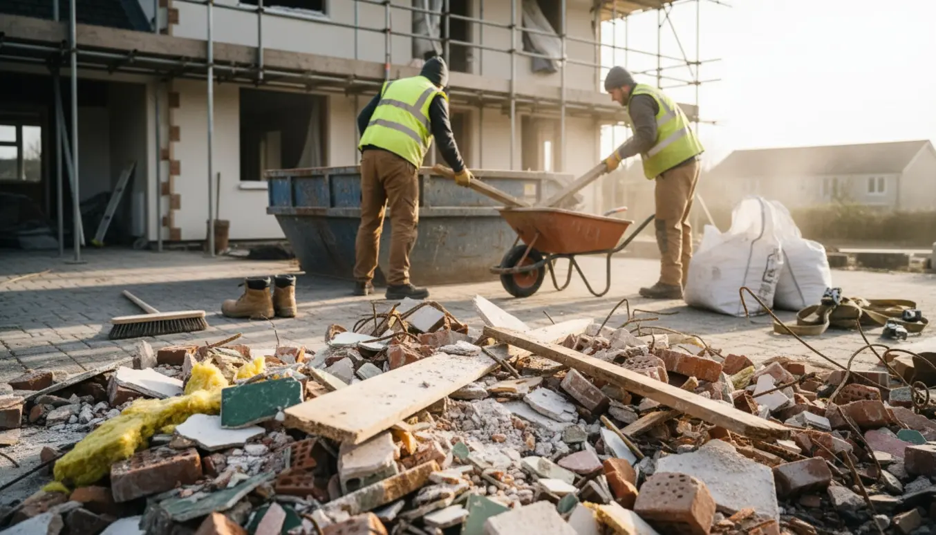 Byggeaffald bliver samlet og læsset i en umarkeret container med trillebør og værktøj i naturligt dagslys.