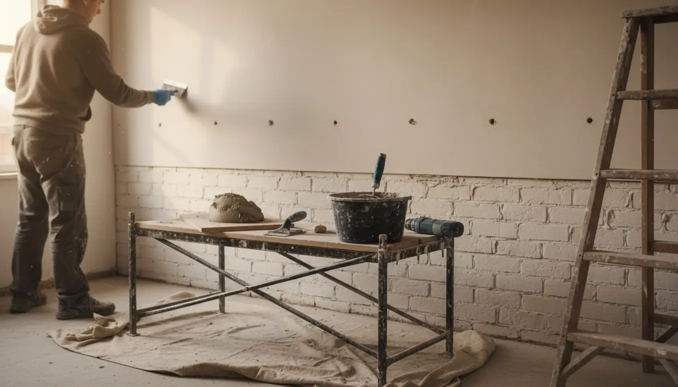 Køkkenets endevæg klar til pudsning med stige, spand og spartel i naturligt dagslys.