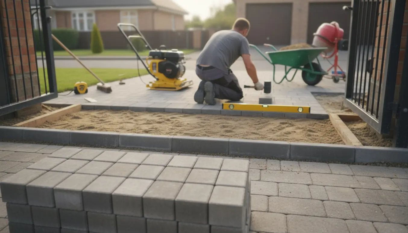 Indkørsel under anlæg med fliser, nylagt betonkant og værktøj i baggrunden.