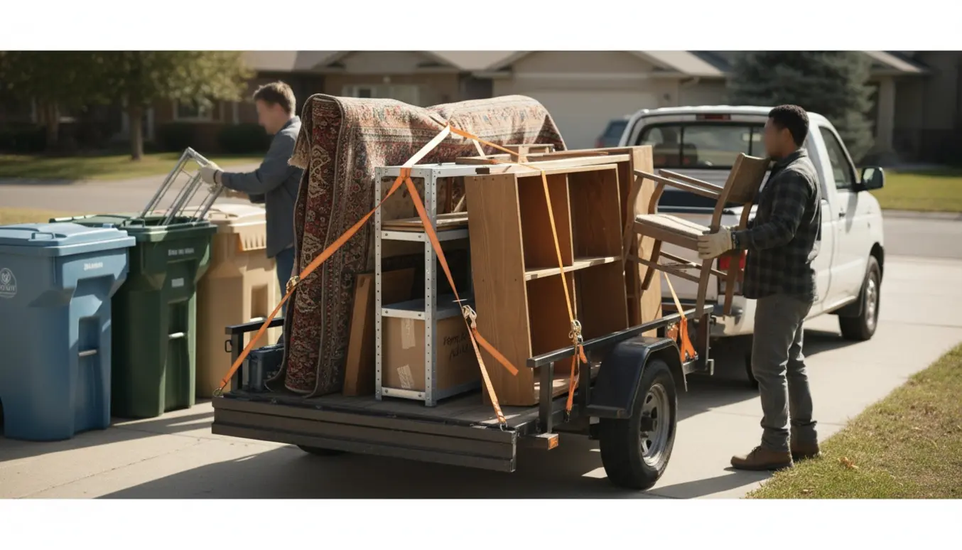 Trailer og varevogn i indkørsel med blandet inventar klar til aflevering ved genbrugspladsens containere.