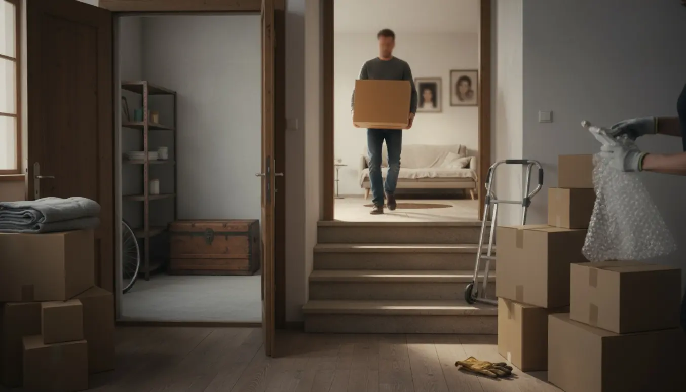 Flyttefolk bærer en flyttekasse op ad trin fra en stuelejlighed under tømning af dødsbo med åbent kælderrum i baggrunden.