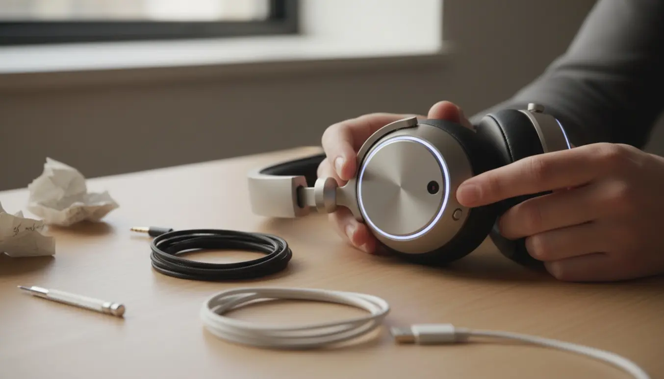 Nærbillede af Beoplay H8-hovedtelefoner med hvidt LED-lys, originalt kabel og hænder, der prøver at nulstille dem.