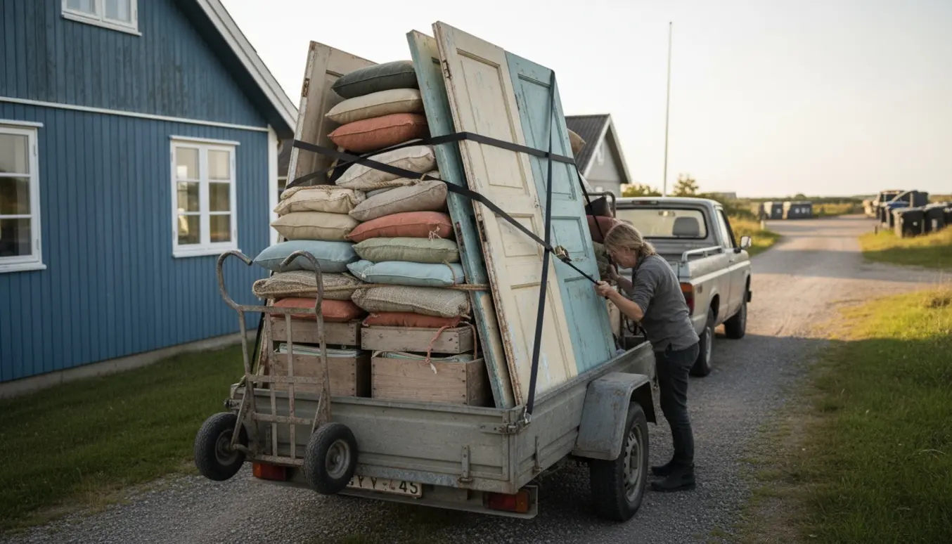 Trailer læsset med seks døre, tre hyndebokse og otte puder klar til kørsel til losseplads nær et sommerhus.