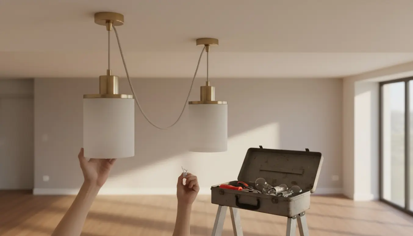 Tæt foto af to loftlamper ved montering med værktøj på en stige i et lyst rum.
