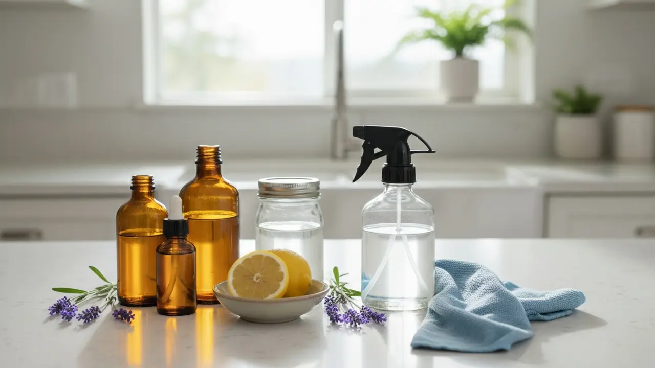 Køkkenbord med æteriske oliers flasker, citron, lavendel og naturlige rengøringsredskaber