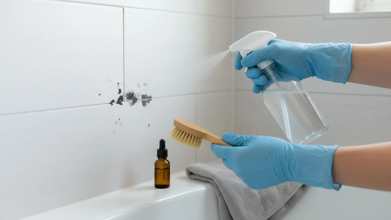 Person med handsker sprayer naturlig Tea Tree-blanding på mugne fliser i badeværelse