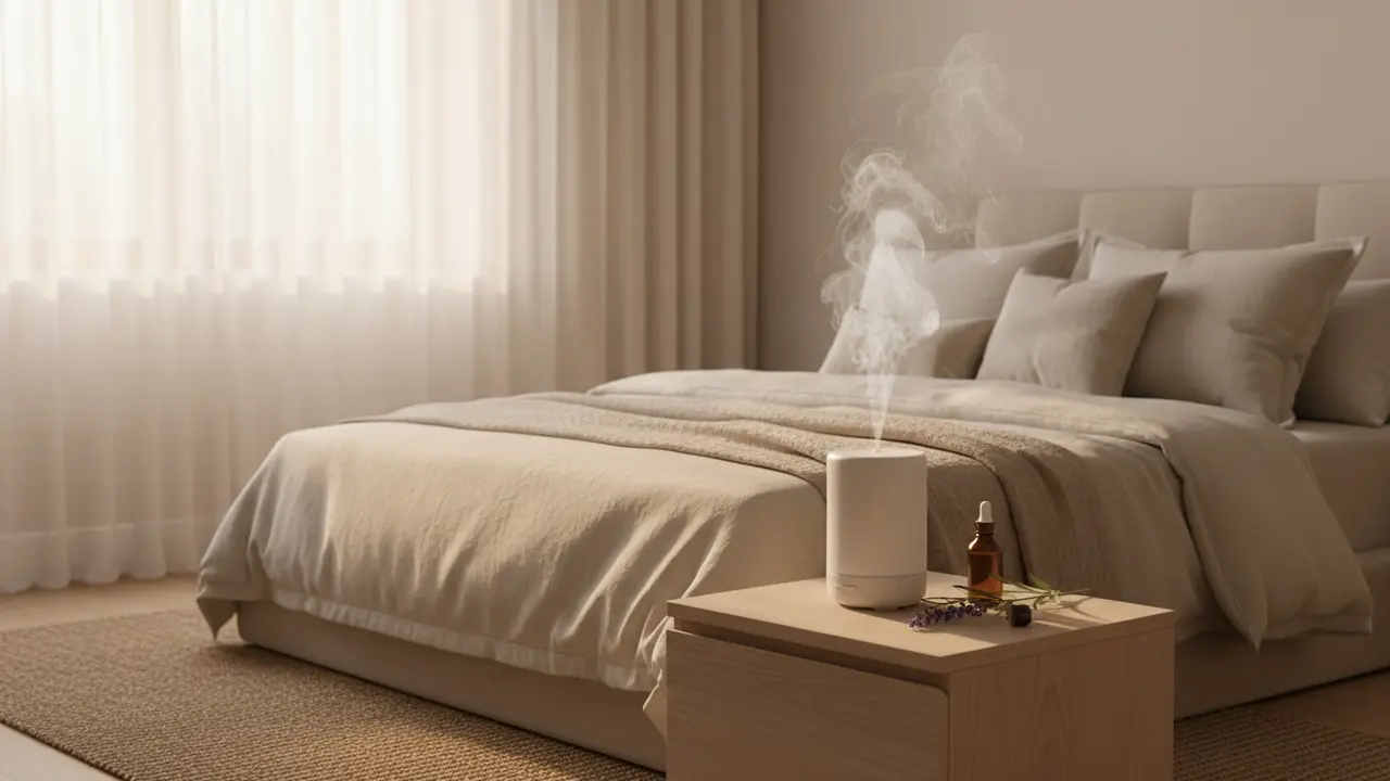 Diffuser på natbord afgiver damp med lavendel ved siden af i et roligt soveværelse