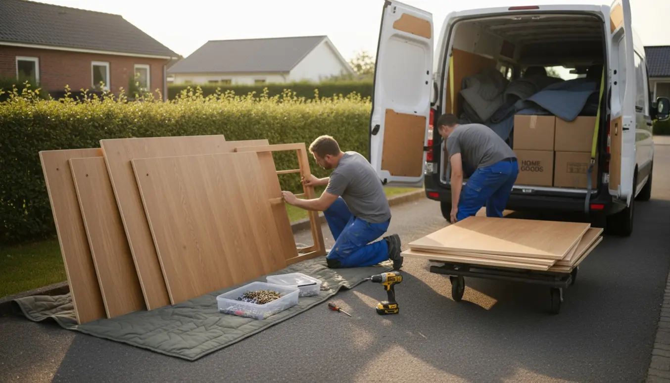 Skab i dele og værktøj læsses i en åben varevogn foran et dansk hus.