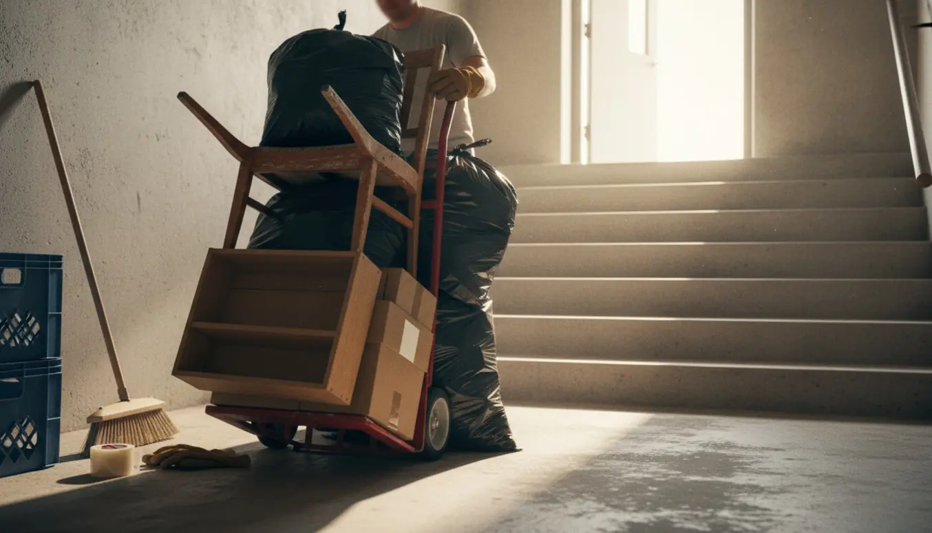 Afhentning af skrald fra et kælderrum med sække, kasser og en tralle i en oplyst trapperum.