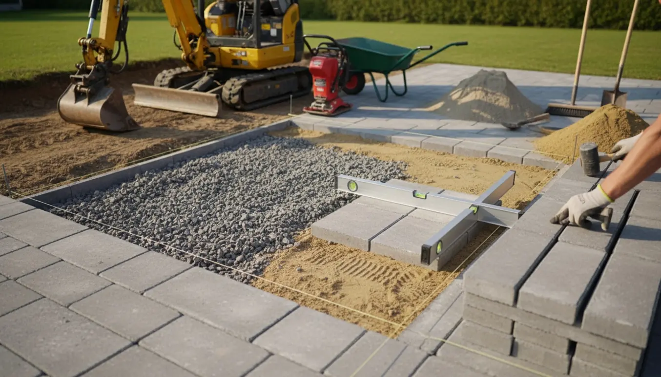 Arbejdsplads med minigraver, bunker af stabilgrus og sand og hænder, der lægger store kvadratiske fliser.