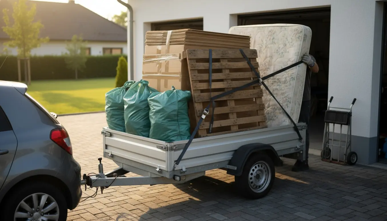 Bil med trailer lastet med haveaffald, pap, en madras og en europalle klar til at blive kørt på lossepladsen.