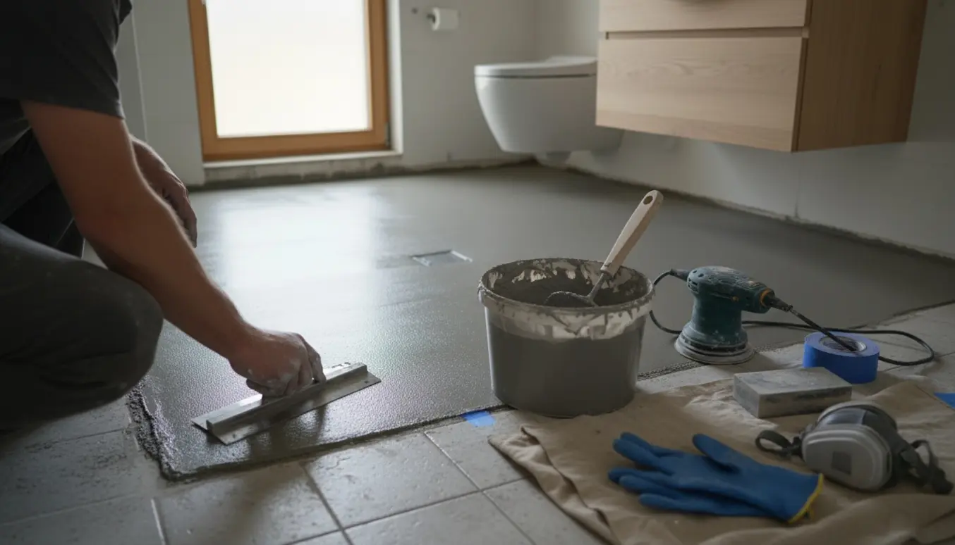 Hænder glatter en grå microcement-lignende belægning på et lille badeværelsesgulv med slibeværktøj og materialespande ved siden af.