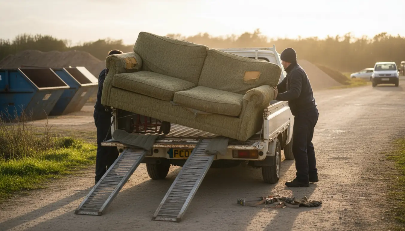 Sofa bliver lastet på en pickup ved en losseplads, hænder og flytteudstyr synlige, ansigter ikke i fokus.