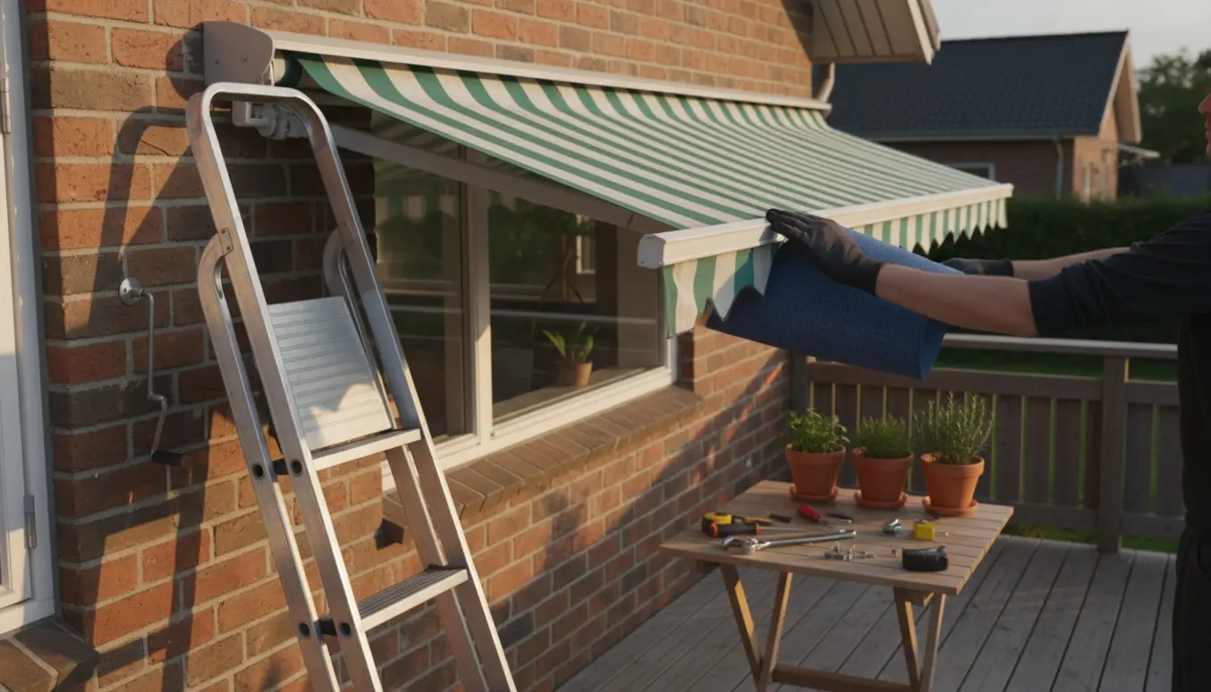 Hænder udskifter markisedugen på en manuel markise over en træterrasse.