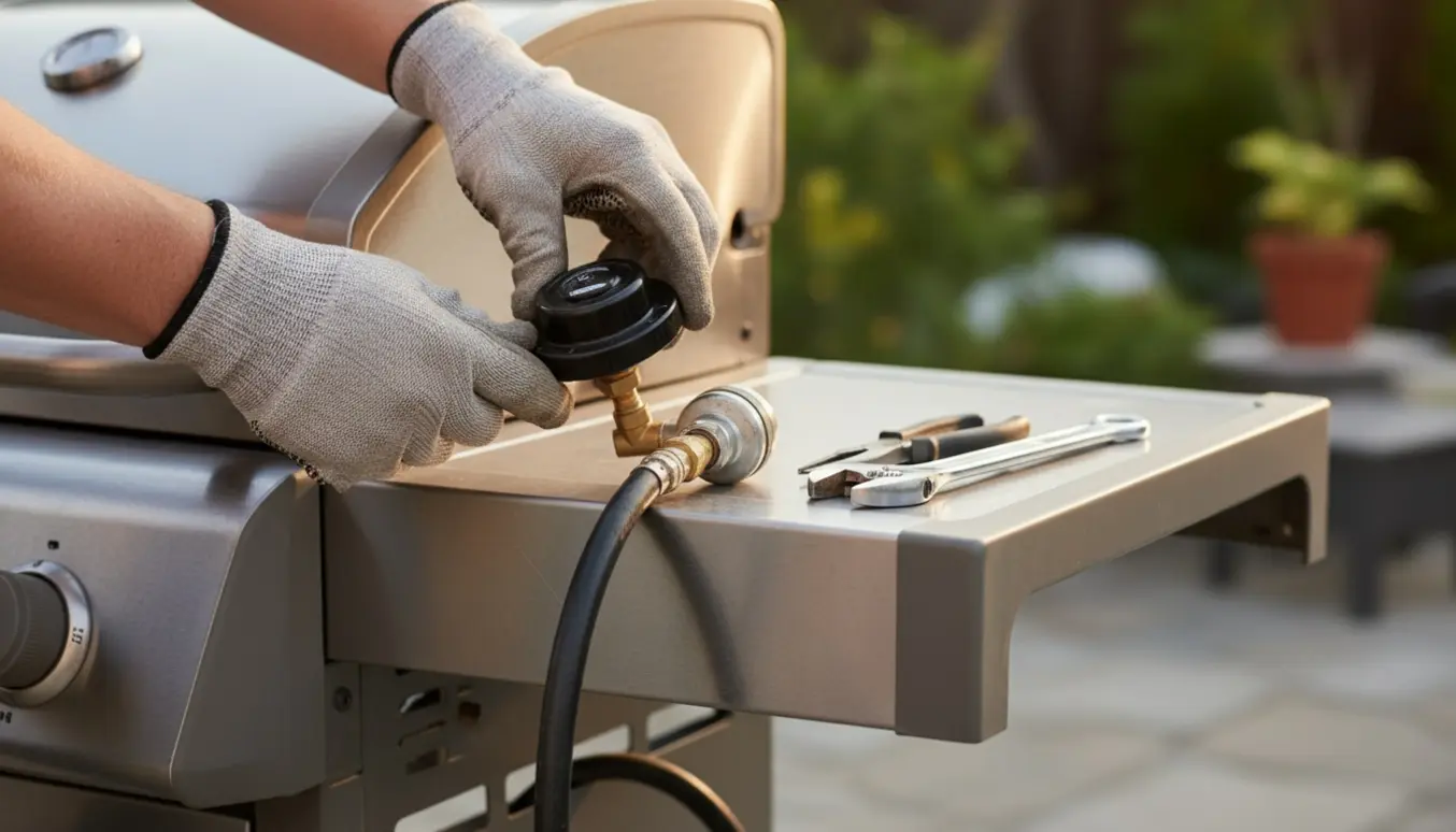 Nærbillede af handskerklædte hænder, der skifter gasregulator på en rustfri grill ved siden af en propantank.