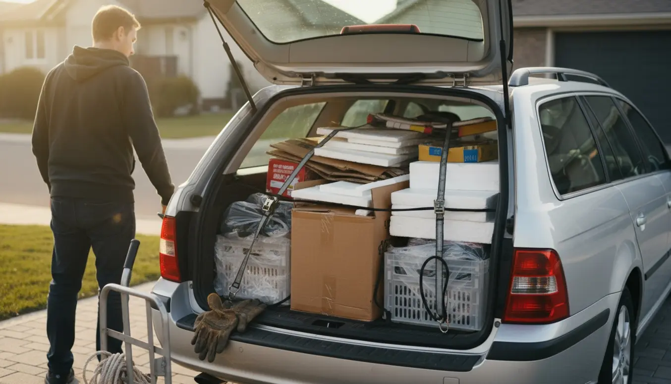En person læsser pap, flamingo og plastik i en åben stationcar på indkørslen, klar til afhentning.