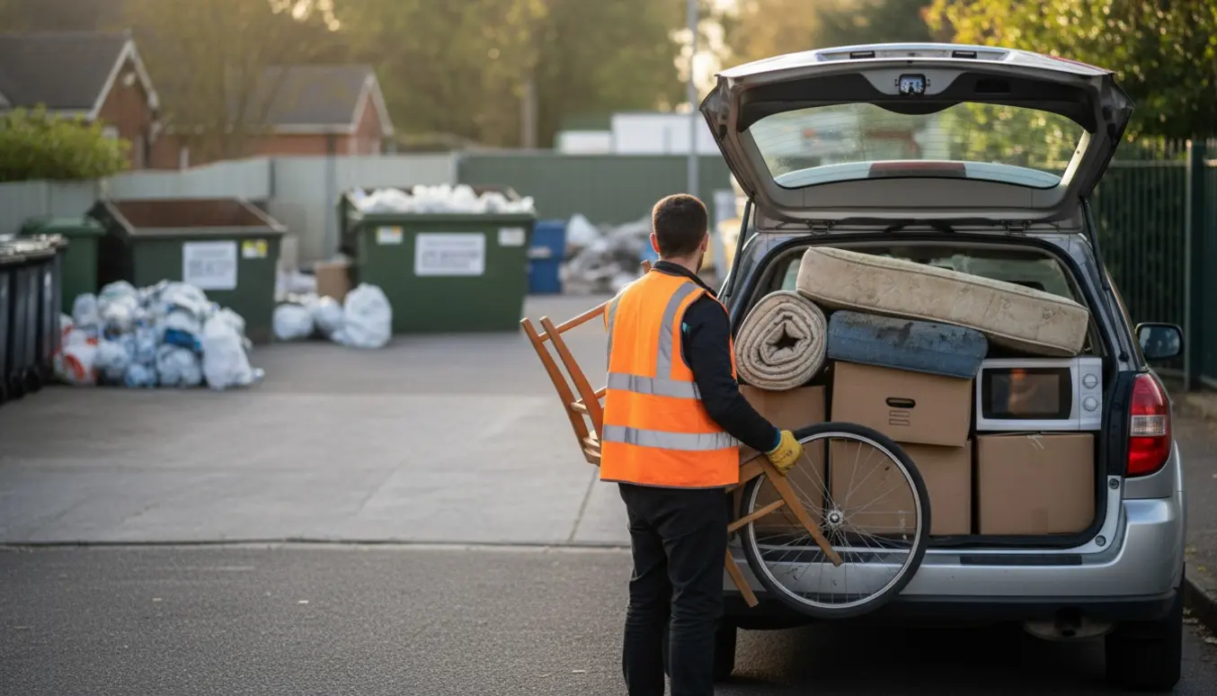Lastbil fyldt med storskrald foran en genbrugsplads, en person løfter en stol klar til afhentning.