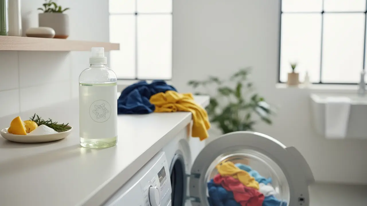 Miljøvenligt vaskemiddel ved en vaskemaskine med tøj og naturlige ingredienser