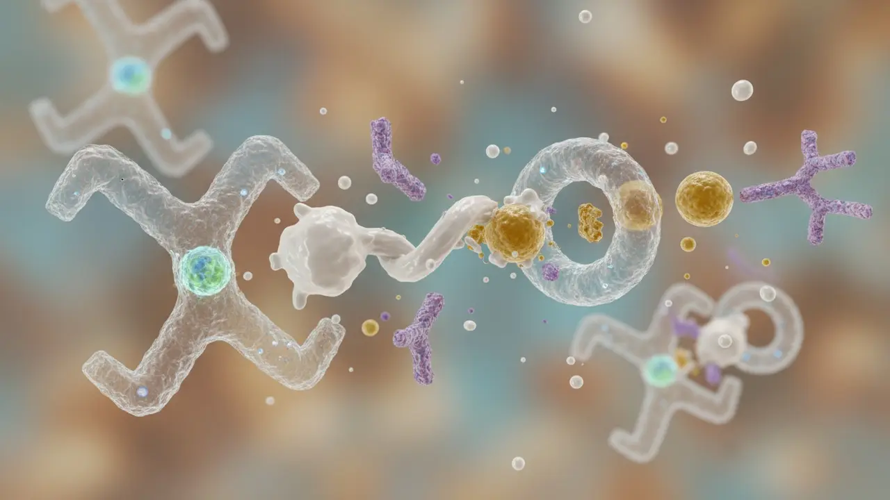 Konceptbillede af enzymer der nedbryder madpartikler i mikroskopisk perspektiv
